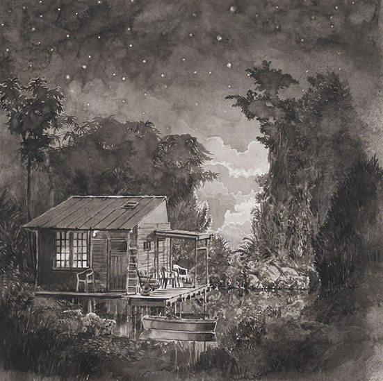 Hans op de Beeck - The Lake Dwelling, 2019 / Black and white watercolor on Arches paper in wooden frame - contemporary drawing, drawings, work on paper, art on paper, contemporary art