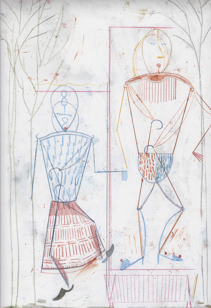 Dirk Zoete | Hanging Figures (garden installation) (new clothes), 2019 | colour pencil and pigment on paper, 46 x 32 cm