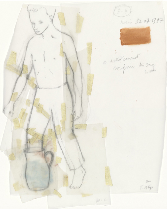 Francis Alÿs | Untitled (Boy with Jug), 2000 | Oil and pencil on cut-and-taped transparentized paper|, 30.5 x 20 cm