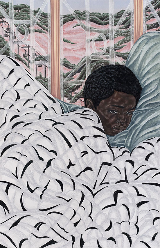 Toyin Ojih Odutola | First Night at Boarding School, 2017 | charcoal, pastel and pencil on paper, 63 3/4 x 41 1/2 inches