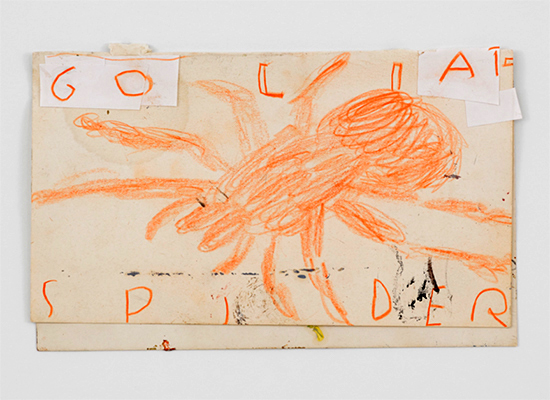 Rose Wylie | Orange Spider, 2019 | Ballpoint pen, pencil, coloured pencil and collage paper, 21.3 x 13.5 cm