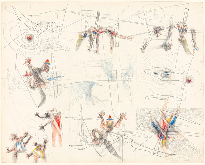 drawing Roberto Matta - Woman Impaled and Five Other Scenes, 1943 / Graphite, crayon on paper - contemporary drawing, drawings, contemporary art, work on paper, art on paper