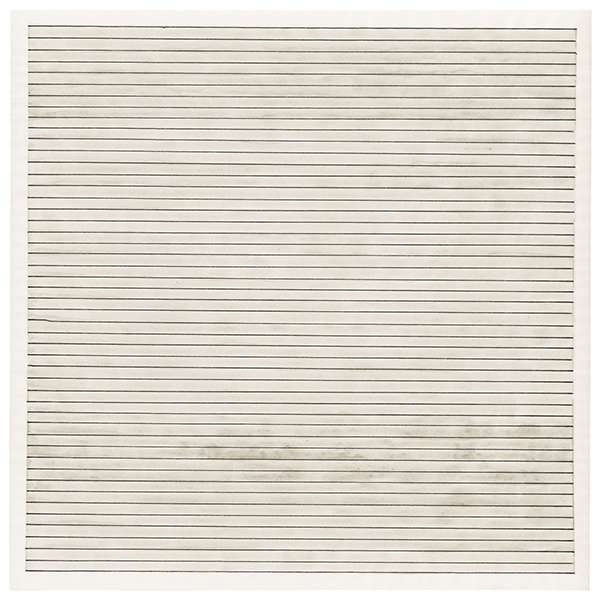 Agnes Martin | Untitled, c.1975 | Transparent watercolor, black ink, and graphite on paper, 22.9 x 22.9 cm