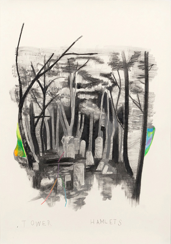 Marc Bauer | Tower Hamlets, 2017 | Pencil, color pen and black lithographic pen on paper, 74 x 53.5 cm