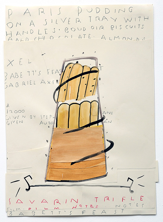 Rose Wylie | Savarin Trifle (Film Notes), 2010 | Watercolour and collage on paper, 84 × 59 cm