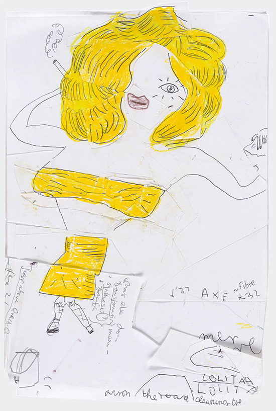 Rose Wylie | Yellow Lolita with Flick-book Skirt, 2018 | Coloured pencil, ballpoint pen, and collage on paper, 32.4 x 21.3 cm