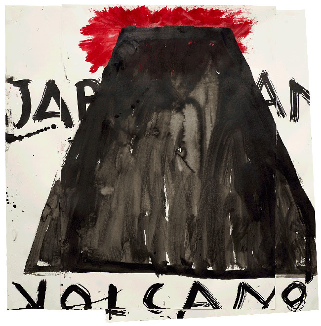 Rose Wylie | Volcano, Japan, 2014 | Ink, watercolor, and collage on paper, 88 x 86.5 cm