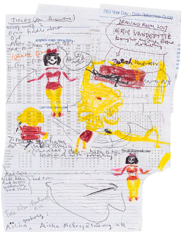 drawing Rose Wylie - Yellow Girls, Diary Page, 2018 / Coloured pencil, ballpoint pen, and pen on collaged diary pages - contemporary drawing, drawings, work on paper, art on paper