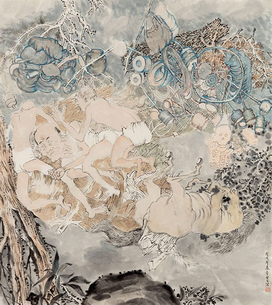 Yun-Fei Ji | Tumbling, 2017-2018 | Watercolor and ink on Xuan paper, 100.3 x 87.6 cm