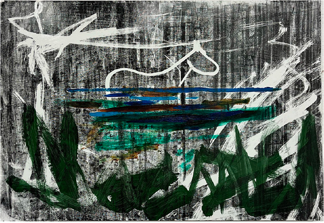 Gregor Hildebrandt | A horse on the lake (white), 2022 | Magnetic VHS coating, acrylic glue, acrylic on canvas, 74 x 107 cm