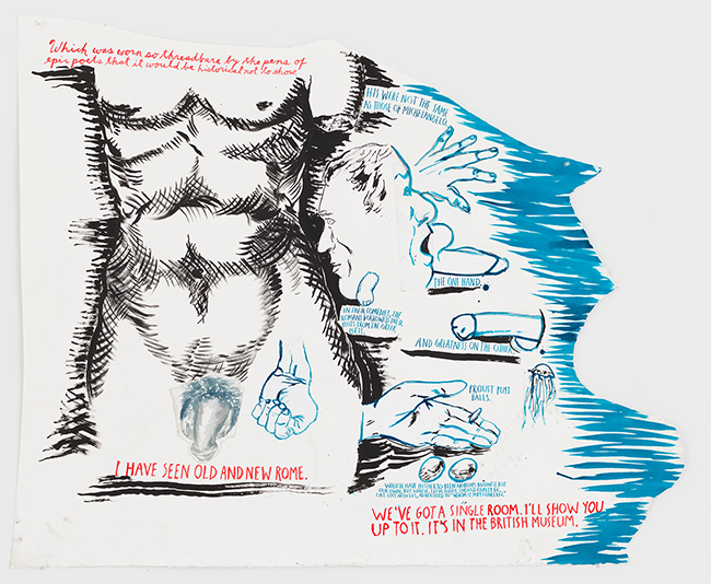 drawing Raymond Pettibon - No Title (Which was worn...), 2017 / Ink, watercolor, and collage on paper - contemporary drawing, drawings, work on paper