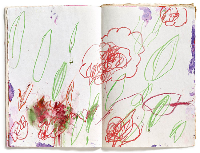 drawing by Cy Twombly, Untitled, 2002, Acrylic, wax crayon, and pencil on handmade paper, in unbound handmade book - contemporary drawing, work on paper, drawings