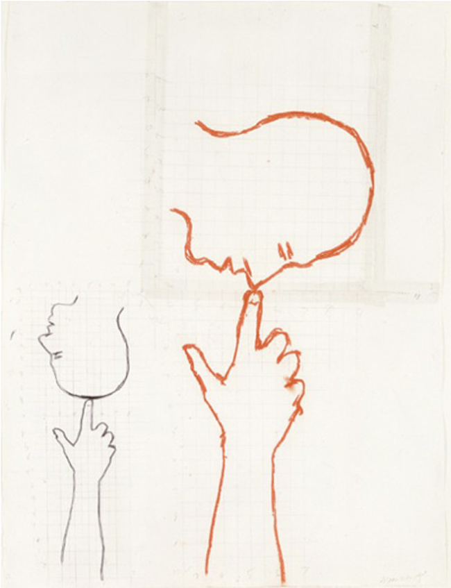 Bruce Nauman Double Size Head and Hand, 1989 ink, pastel, pencil on transparent tape on paper - contemporary drawing, drawings, work on paper, contemporary art