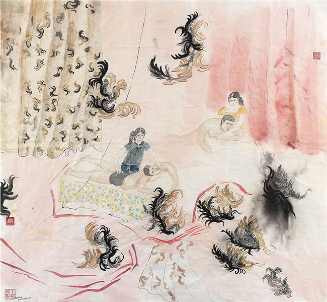 Evelyn Taocheng Wang A Hongkong-Dutch Client Licking My Arm during the Massage Treatment, 2015 Watercolour, pencil, acrylic on rice paper 98 × 104.5 cm - contemporary drawing, work on paper, drawings, contemporary drawing