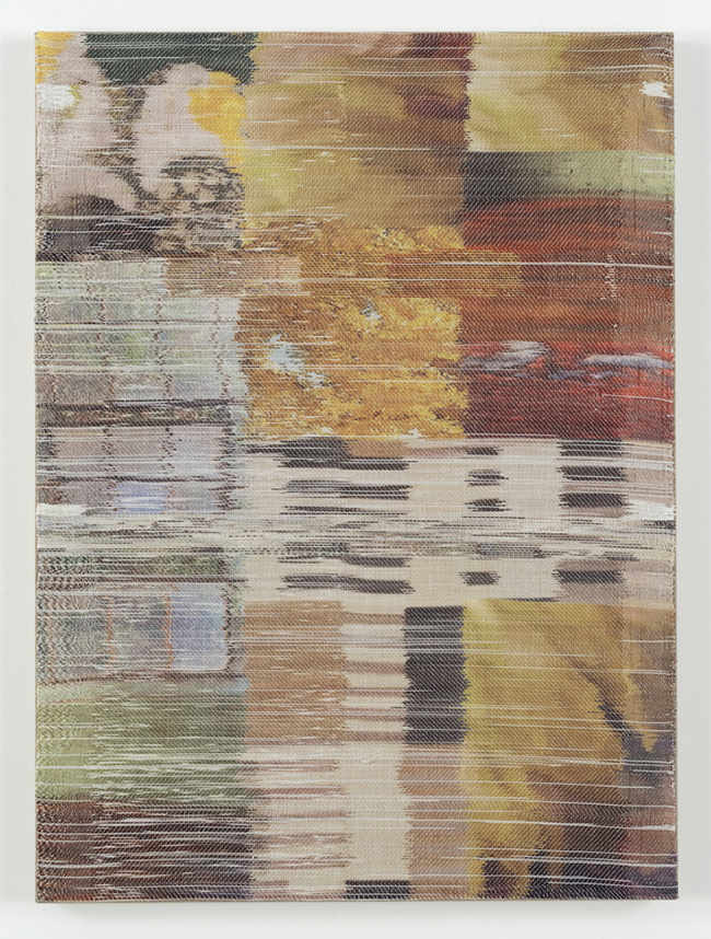 Margo Wolowiec Plain sight I, 2016 Handwoven polyester, linen, sublimation dye, acrylic paint, linen support, 38 x 28 inches