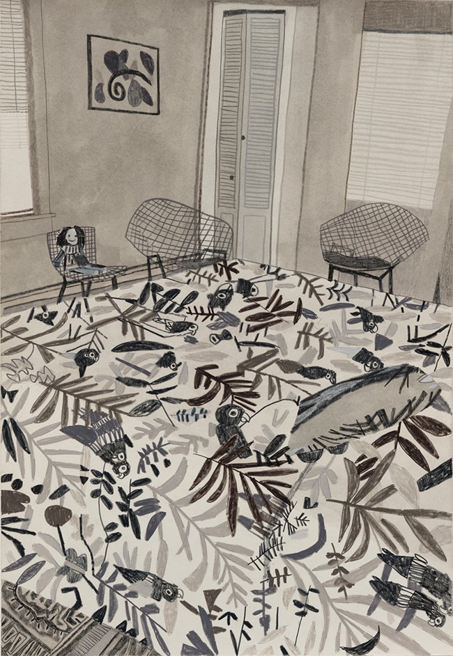 drawing Jonas Wood MV Guest Room B+W, 2011 gouache and colored pencil on paper - contemporary drawing, work on paper, drawings, contemporary art