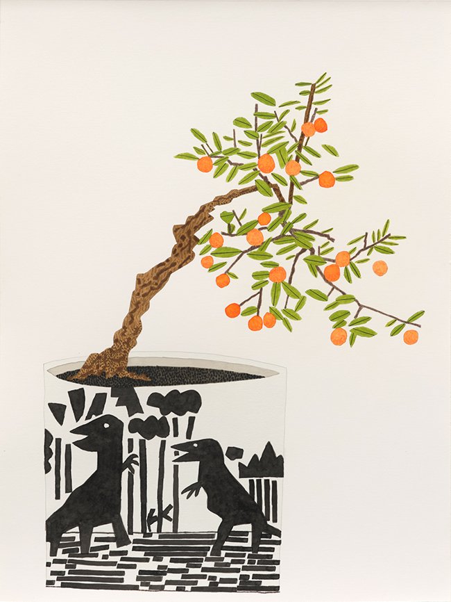 drawing Jonas Wood Orange Bonsai in SK Dino Pot, 2023 gouache, ink and colored pencil on paper 60.96 × 45.72 cm - contemporary drawing, work on paper, drawings, contemporary art