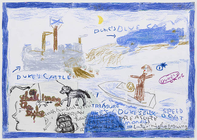 Rose Wylie A Study for Cautionary Tales, (tele film notes), 2022 Coloured pencil, pencil, marker, biro, and collage on paper 21.2 x 29.7 cm - contemporary drawing, art on paper, drawings, work on paper