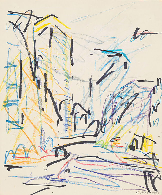 Frank Auerbach Sketch for Mornington Crescent Looking South, 1997 Medium Oil pastel and marker pen on paper 25.3 x 21 cm contemporary drawing, art on paper, drawing