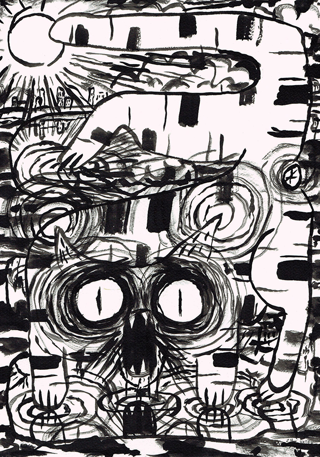 Markus Vater Frightened Cat with Sun, 2024 ink on paper 42 x 29.7 cm contemporary drawing, art on paper, drawing