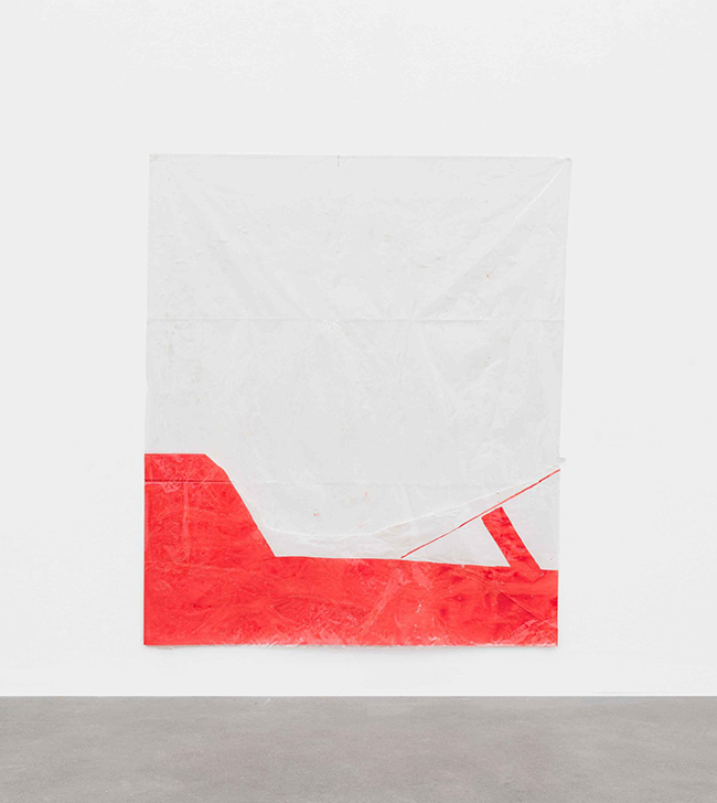 Ian Kiaer Endnote oblique, red, 2023 Cellophane, acrylic on paper 235.5 x 200.5 cm