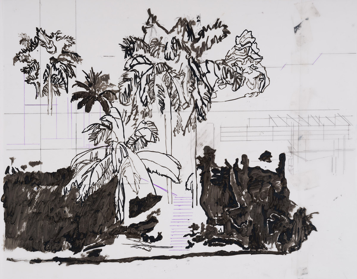 Hurvin Anderson “Study for Ascent V”, 2021 Ink, pencil and colored pencil on drafting film 31.5 x 41.5 cm