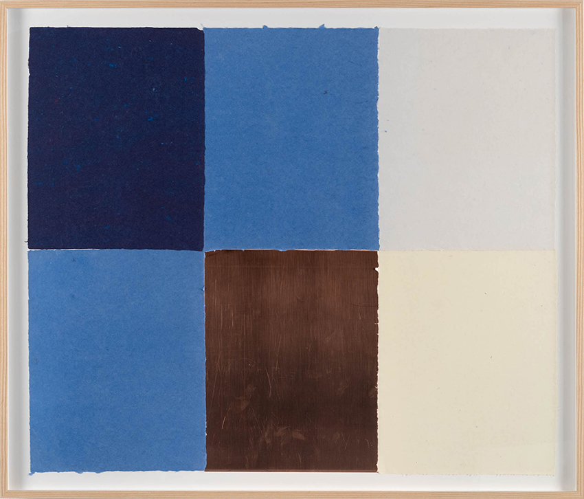 Ethan Cook Three blues, white, alabaster, one copper, 2023 Handmade pigmented paper and copper 72.4 x 86 cm (framed)