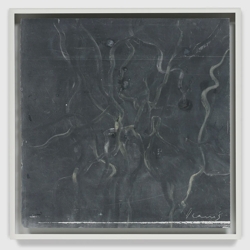 Tacita Dean Icarus, 2026 Chalk, pearlescent powdered pigment, gouache on slate Slate: 49.8 x 50.8 cm | Frame: 56.5 x 55.2 cm